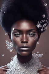 Black afro American fashion model with Swarovski crystal makeup and clothing, fictitious person. AI generated image