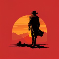 Wall Mural - Silhouette of an old west gunslinger. Sunset. Generative AI