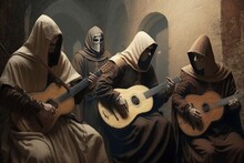 Medieval Monks Rock Band, Concept Of Anachronism And Ecclesiastical Music, Created With Generative AI Technology