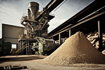 Paper mill with stacks of wood chips, concept of Resource Efficiency and Logistics Management, created with Generative AI technology