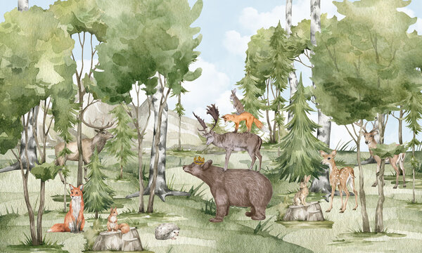 animals in the garden, scandinavian style forest, forest animals, bear, fox, deer, hare.
