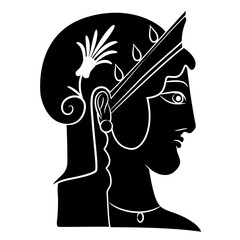 Head in profile of a beautiful ancient Greek woman wearing a diadem. Vase painting style. Black and white negative silhouette.