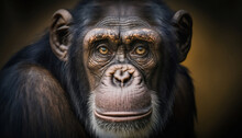 Beautiful Chimpanzee Extreme Close Up Portrait. Looking Straight In The Camera