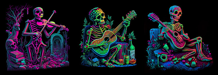 multicolored skeleton playing an acoustic guitar. ai generative.