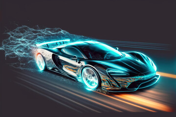 Wall Mural - Speeding fast sports car drives on highway road with motion blur effects creating light trailing environment in concept of virtual reality racing game . Sublime Generative AI image .