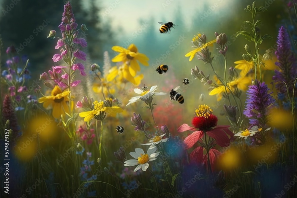 Sun-drenched wildflower meadow with a riot of colors and buzzing bees ...