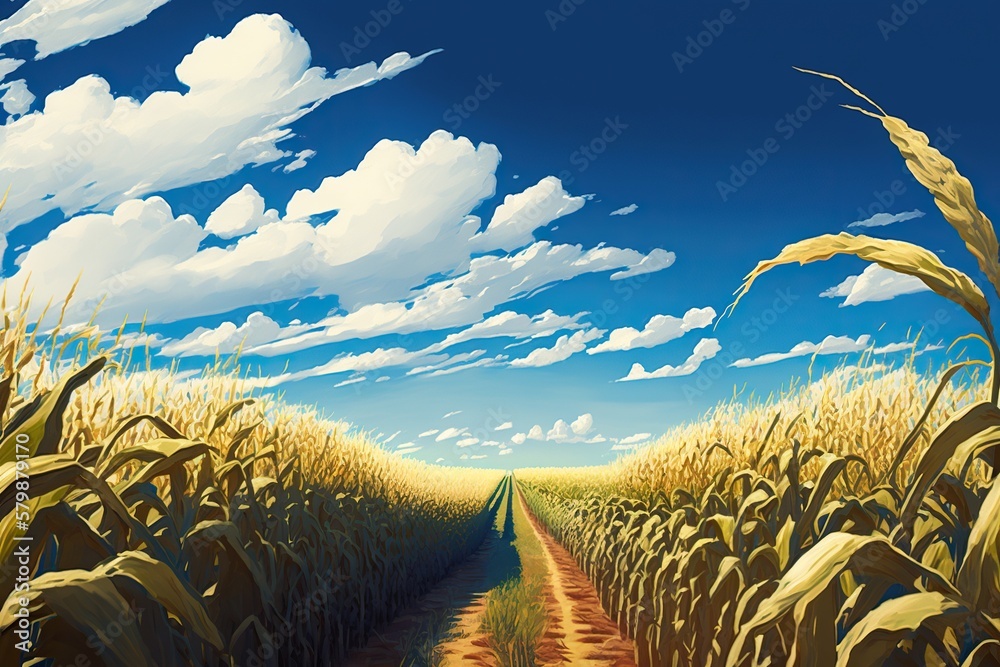 Vast corn field with rows upon rows of stalks and a bright blue sky ...