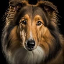 Closeup Adorable Rough Collie Dog Studio Portrait On Black Isolated Background As Concept Of Domestic Pet In Ravishing Hyper Realistic By Generative AI.