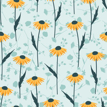Sunflower On Pale Blue Seamless Vector Repeat Pattern