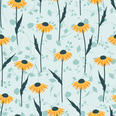 Wall Mural - Sunflower on Pale Blue Seamless Vector Repeat Pattern