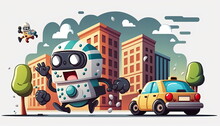 Police Chasing Criminals, Cute Character Cartoon, Building Background, Vector, Clip Art, Made By AI,Artificial Intelligence