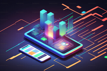 Poster - Application of Smartphone with business graph and analytics data on isometric mobile phone. Analysis trends and software development coding process concept, Generative AI