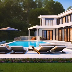 Wall Mural - Outdoor pool with lounge chairs and a pool house 2_SwinIRGenerative AI