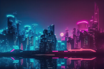 Wall Mural - Futuristic city with neon light pink and blue illuminated skyline . Sublime Generative AI image .