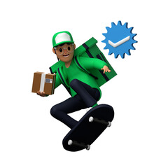 3d delivery services, The courier in green uniform is in a hurry to deliver the order on a skateboard with verified icon