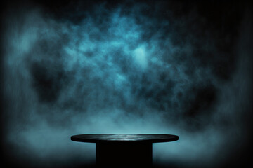 Dark wood table with smoke for hot product display mock up . Admirable Generative AI image .