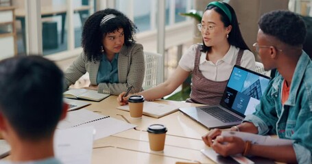 Aufkleber - Laptop, presentation and meeting with a woman team leader training or coaching her business team in the office. Data, marketing and workshop with a female manager and employee group in a seminar
