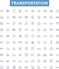 Transportation Outline Icons Collection. Train, Bus, Plane, Taxi, Ferry, Boat, Automobile Vector Illustration Set. Motorcycle, Scooter, Bicycle Line Signs