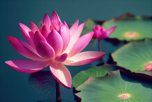 Ravishing Pink Lotus In Ponds With Beautiful Realistic Detail Blossom Waterlily Floating On The Water As Floral Lily Plant Illustration Background By Generative AI.