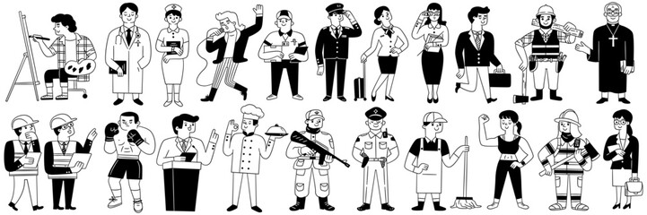 Cute character doodle illustration of various and different jobs and occupations. Outline, linear, thin line art, hand drawn sketch design, black and white ink style. Big set. 