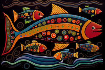 Illustration of a fish in an North American indegnous style. Generative AI.