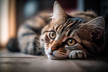 an adorable cat is the subject of a close-up, selective-focus photo as it relaxes on the floor. gene