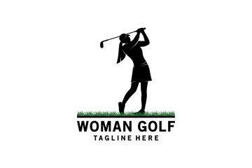 Woman golf sport logo design, silhouette vector illustration of woman playing golf