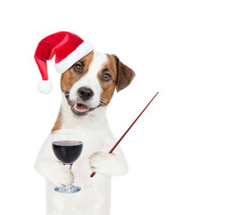 Poster - Jack russell terrier puppy wearing santa hat holds glass of red wine and points away on empty space. isolated on white background