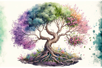 Wall Mural - The tree of life in colorful spring watercolor painting style . Sublime Generative AI image .