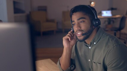 Poster - Call center employee, contact us and man talk with client, customer support and communication with CRM. Indian male, consultant with headset and working night shift, telemarketing and computer