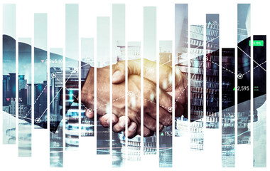 Wall Mural - Business handshake on finance prosperity and money technology asset background . Economy and financial growth by investment in valuable stock market to gain wealth profit form currency trading