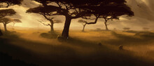 African Acacia Row Against Twilight Sky. Vector Illustration Banner Landscape. Silhouette Of Packs In The High Rise Desert. African Perspective In The Evening With Copy Space.