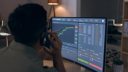 Poster - Computer screen, cryptocurrency and stock market with man and phone call about stats, forex growth and graph. Communication, trader check investment stocks and finance, charts and working night