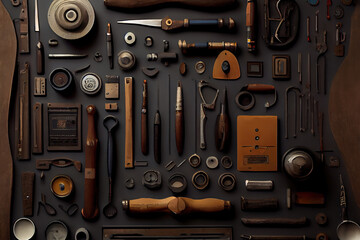 vintage tools set on dark brown wooden background and empty notepad. Generative Ai