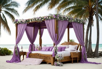 Wall Mural - Stunning wedding bed on seashore with tropical flowers generative ai