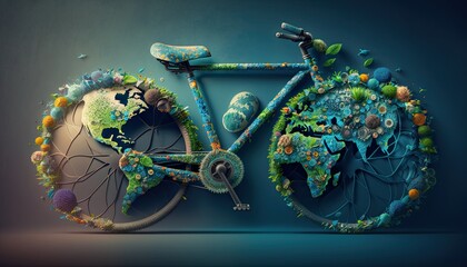 Earth Day: A Vibrant Eye-Catching Background Design Template of Earth in Shape of Beautiful Artistic Bicycles Perfect for Environmental Wildlife Projects (generative AI