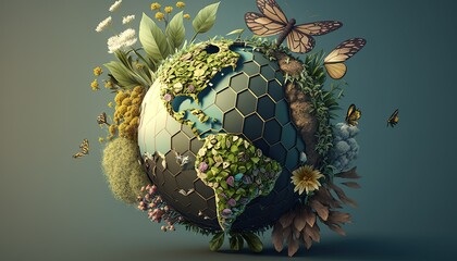 Wall Mural - Earth Day: A Vibrant Eye-Catching Background Design Template of Earth in Shape of Beautiful Artistic Plants attract bees butterflies Perfect for Environmental Wildlife Projects (generative AI