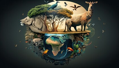 Wall Mural - Earth Day: A Vibrant Eye-Catching Background Design Template of Earth in Shape of Beautiful Artistic Wildlife Perfect for Environmental Wildlife Projects (generative AI