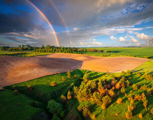 Autocollant - Awesome rainbow over the countryside with green hills on a sunny day from a bird's eye view.