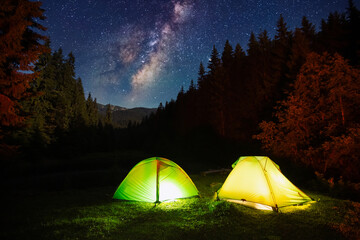 Wall Mural - awesome starry sky above the campsite. carpathian mountains, ukraine, europe.