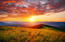 The Sun Sets Over The Mountain Ranges. Carpathian Mountains, Ukraine, Europe.