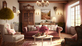 Fototapeta Londyn - A French Country Living Room for a Touch of Romance, Generative AI