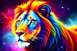 Abstract Artistic Digital Paint Of A multicolored Lion Roaring In a Nebula Background