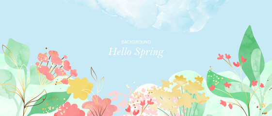 Wall Mural - Spring botanical art vector design. Wallpaper, cover, card, packaging template. Spring field flowers, leaves.