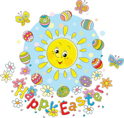 Wall Mural - Easter card with a cute smiling sun surrounded by colorfully decorated gift eggs, spring flowers and merrily fluttering butterflies, vector cartoon illustration on a white background