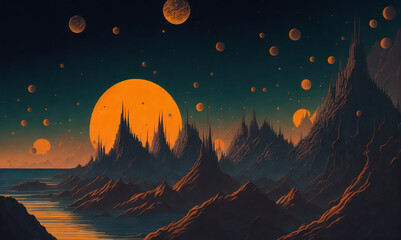 Wall Mural - fantasy forest background dark lights, abstract mountains landscape digital art, generative ai illus