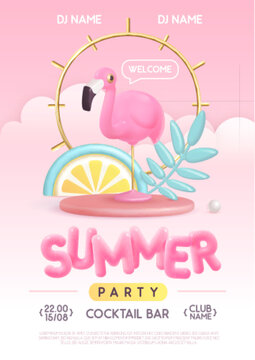 Summer disco party typography poster with 3D plastic text, flamingo and tropic leaves. Vector illustration