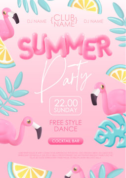 Summer disco party typography poster with 3D plastic text, flamingo and tropic leaves. Vector illustration
