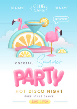 Summer cocktail disco party typography poster with 3D plastic text, cocktail, tropic fruits and flamingo. Vector illustration
