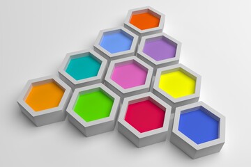 Leinwandbilder - Volumetric colored hexagons on a light background. Places to fill with text.